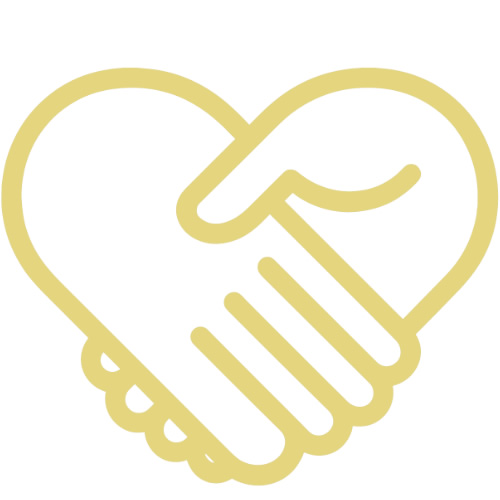 信頼と誠実な対応を象徴する、ハートと握手のアイコン